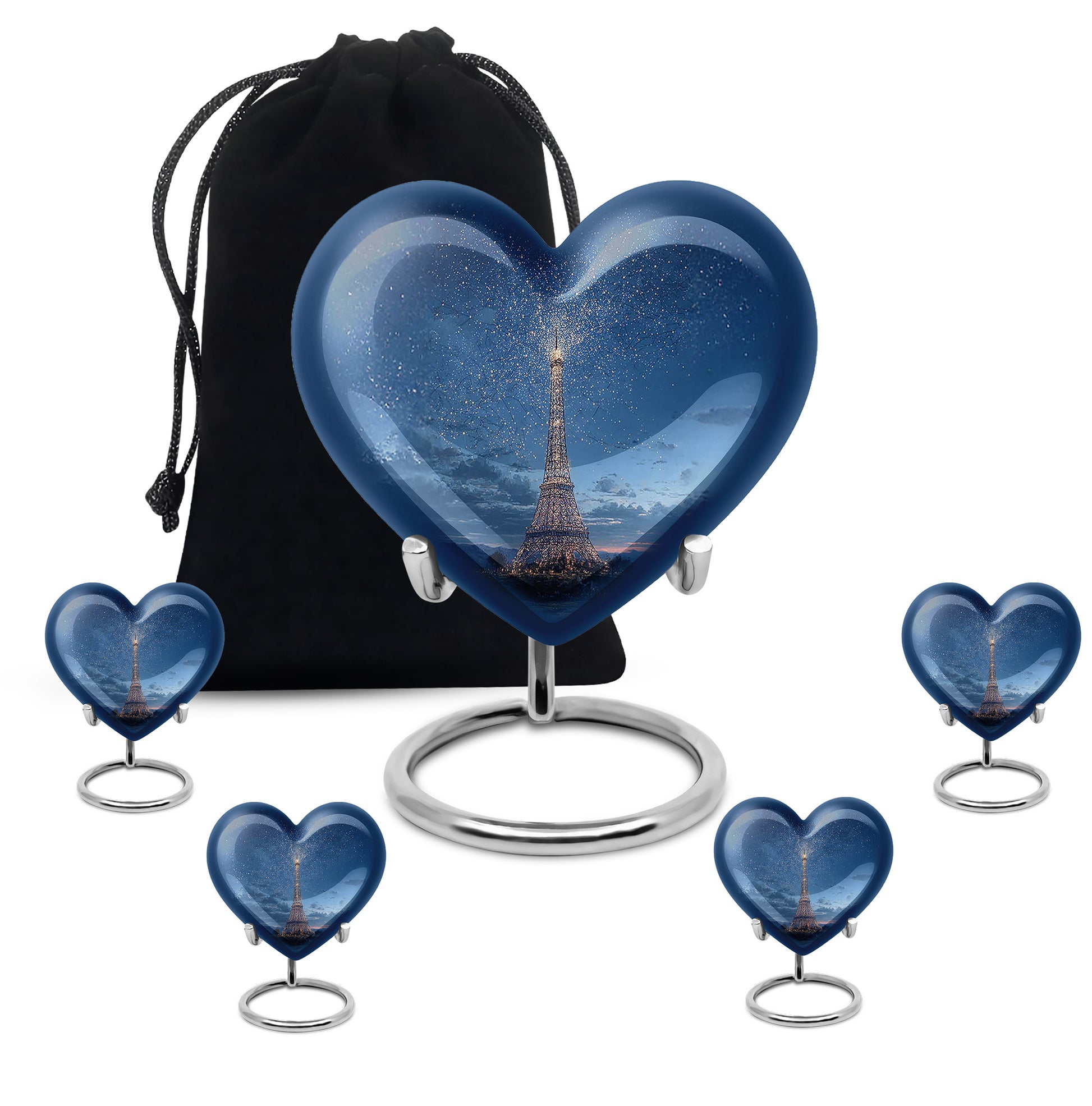 Slate Blue Eiffel Tower Cremation Urn close-up of engraving and surface detail - loving heart memorial featuring eiffel tower pattern - memorial set with one large and four small urns