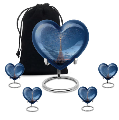 Slate Blue Eiffel Tower Cremation Urn close-up of engraving and surface detail - loving heart memorial featuring eiffel tower pattern - memorial set with one large and four small urns