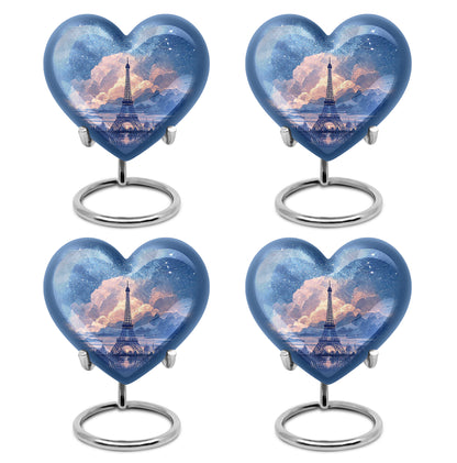 Slate Blue Eiffel Tower Cremation Urn angled view of lid and engraved motif - loving heart memorial featuring eiffel tower pattern - 10 inch aluminum urn for cremated remains