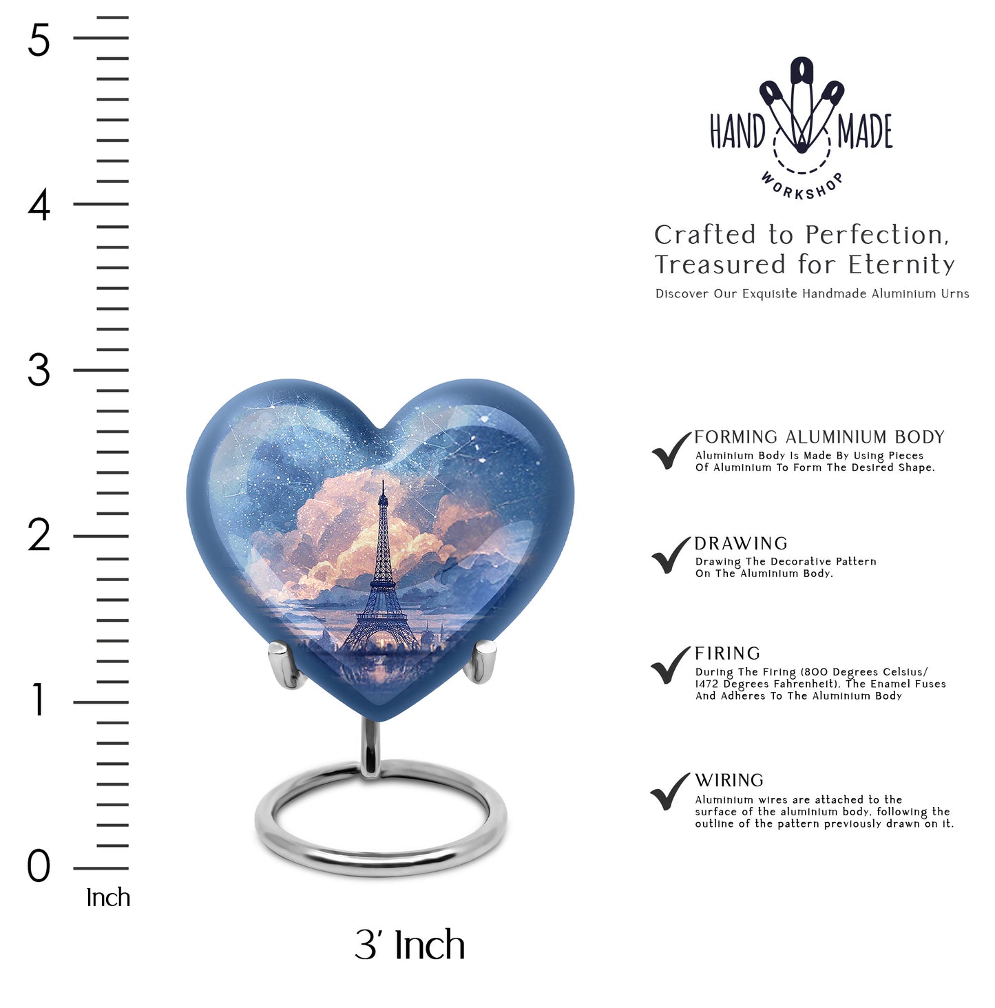Twilight Blue Eiffel Tower Cremation Urn front view showing detailed design - romantic heart urn with eiffel tower motif on aluminum - mini keepsake memorial for portion of cremation ashes