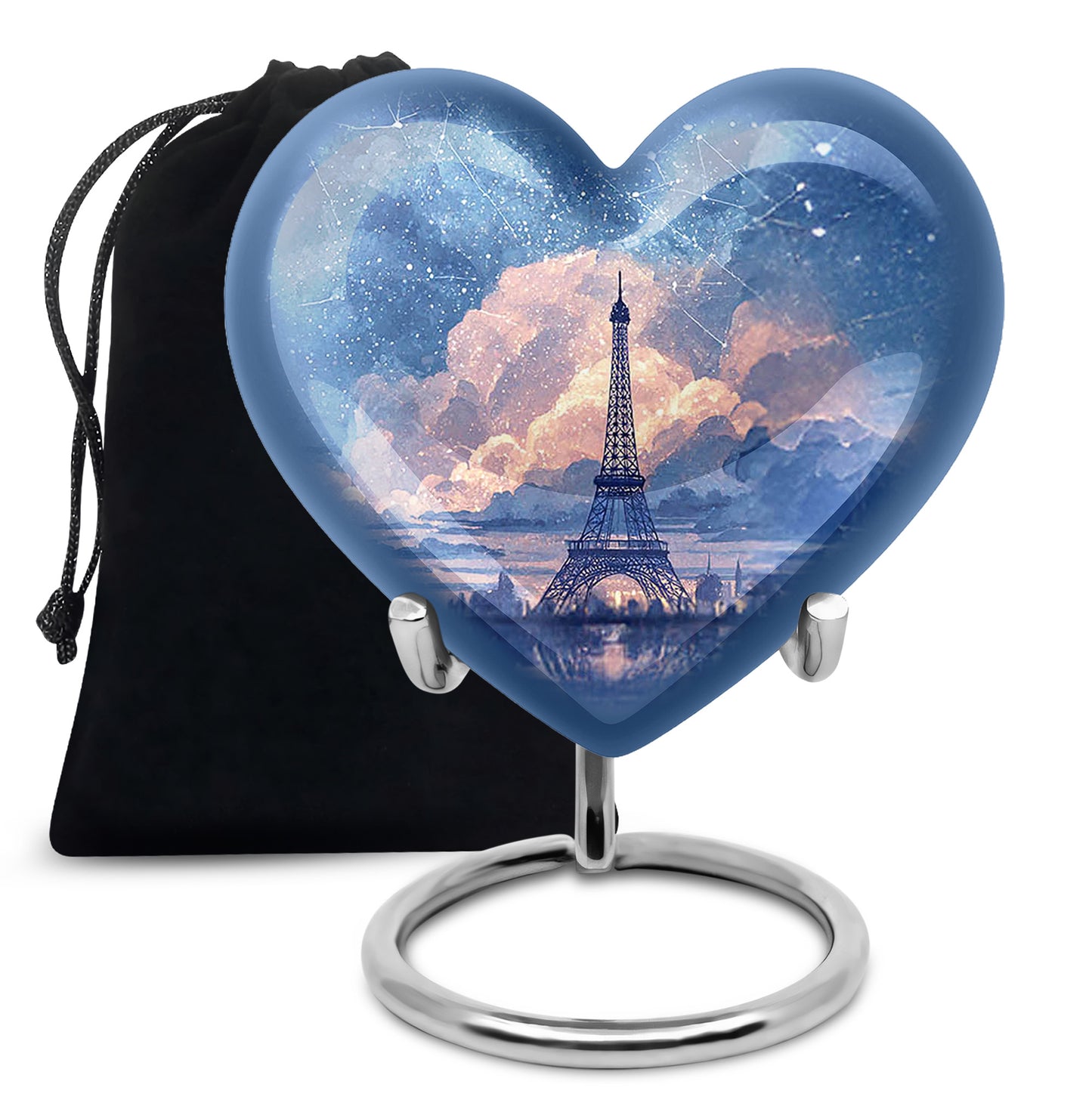 Pastel Blue Eiffel Tower Cremation Urn detail view - loving heart memorial featuring eiffel tower pattern - full-size 10 inch 200 cubic inch adult cremation urn