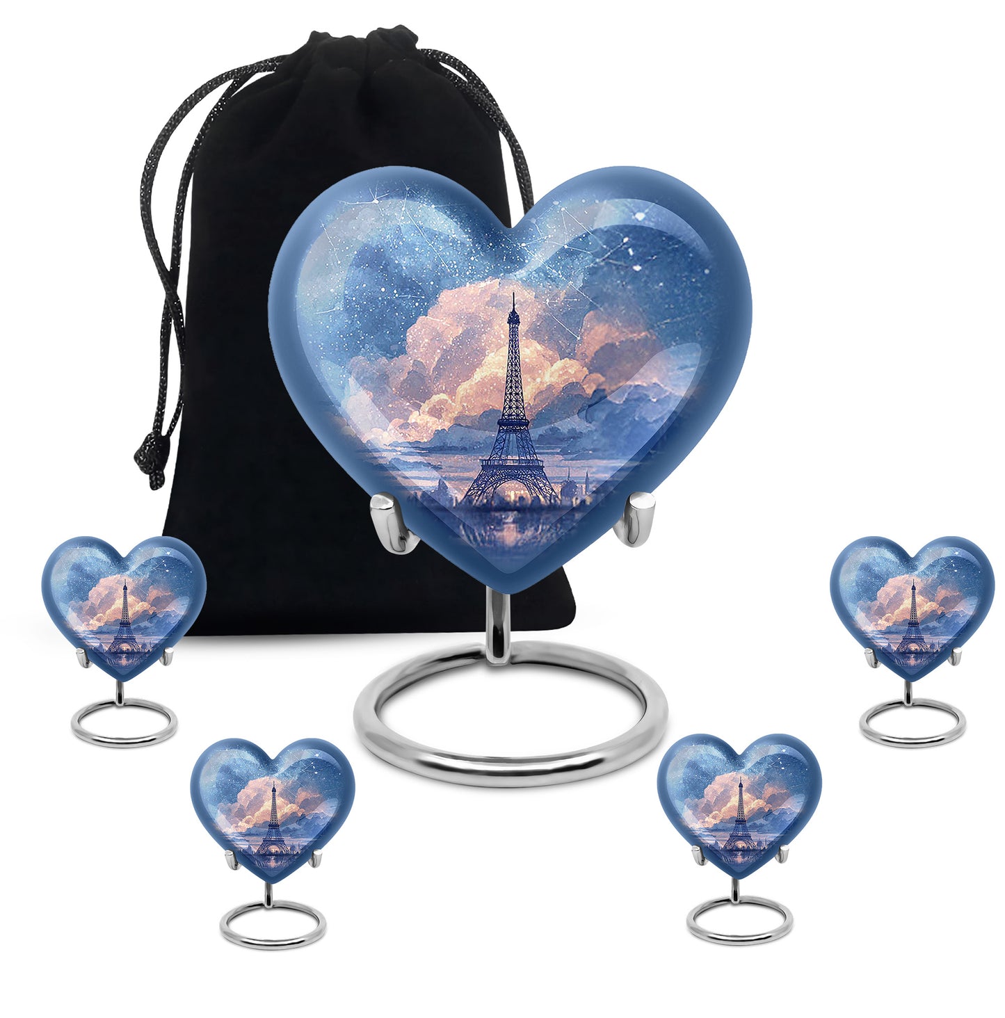 Twilight Blue Eiffel Tower Cremation Urn close-up of engraving and surface detail - romantic heart urn with eiffel tower motif on aluminum - memorial set with one large and four small urns