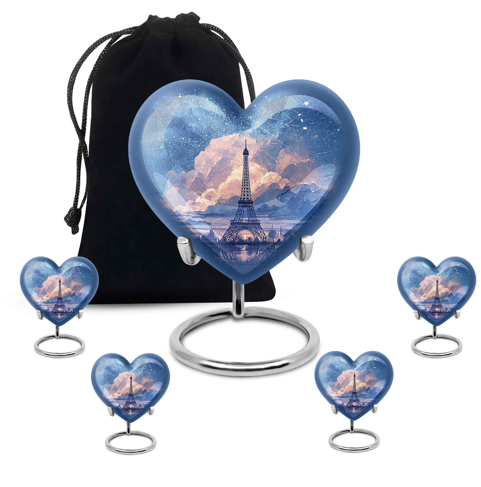 Twilight Blue Eiffel Tower Cremation Urn close-up of engraving and surface detail - romantic heart urn with eiffel tower motif on aluminum - memorial set with one large and four small urns