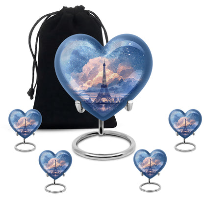 Twilight Blue Eiffel Tower Cremation Urn close-up of engraving and surface detail - romantic heart urn with eiffel tower motif on aluminum - memorial set with one large and four small urns