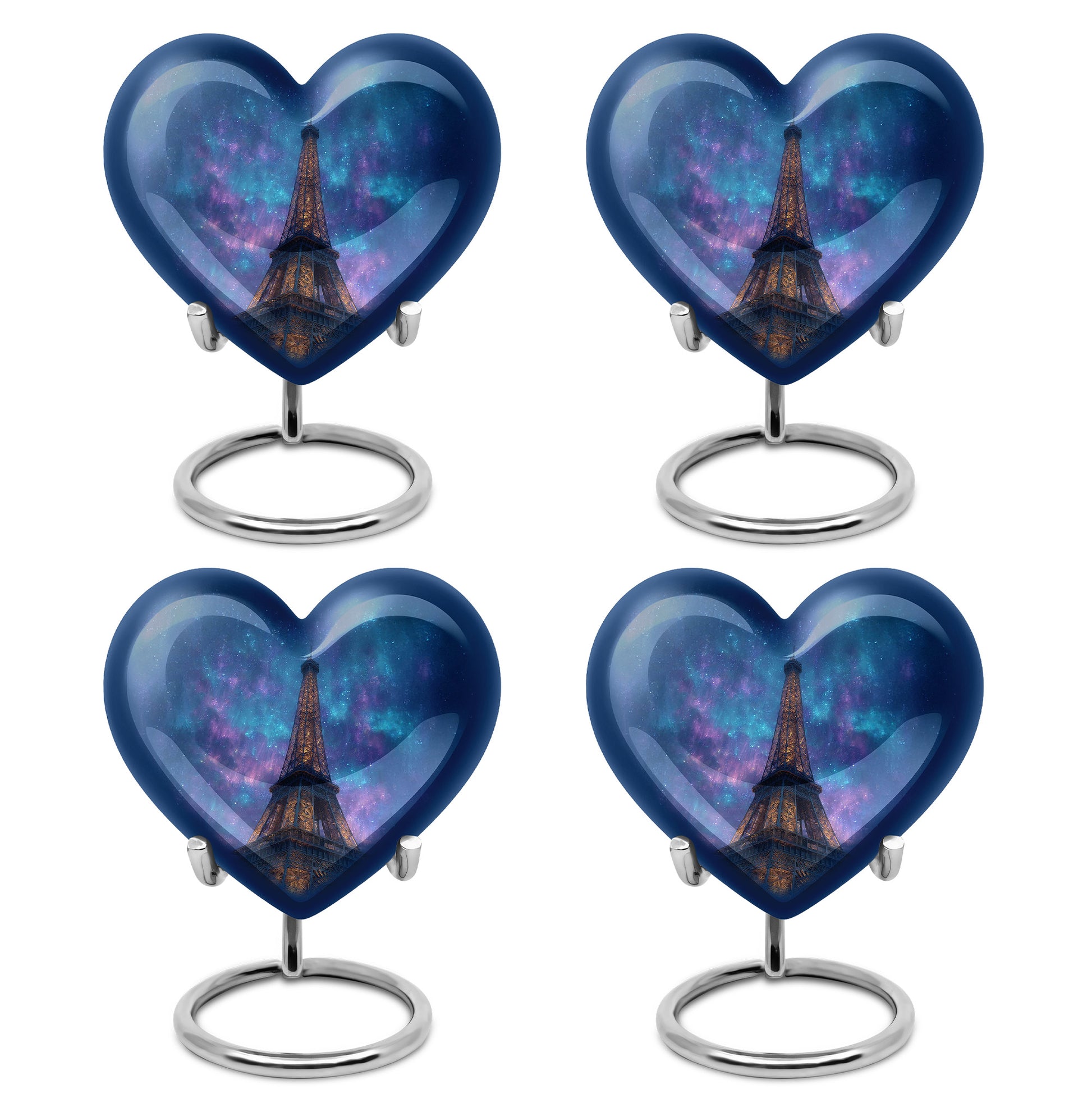 Royal Blue Eiffel Tower Cremation Urn angled view of lid and engraved motif - romantic heart urn with eiffel tower motif on aluminum - 10 inch aluminum urn for cremated remains