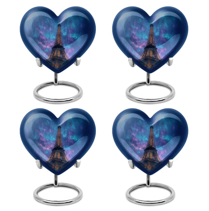 Royal Blue Eiffel Tower Cremation Urn angled view of lid and engraved motif - romantic heart urn with eiffel tower motif on aluminum - 10 inch aluminum urn for cremated remains
