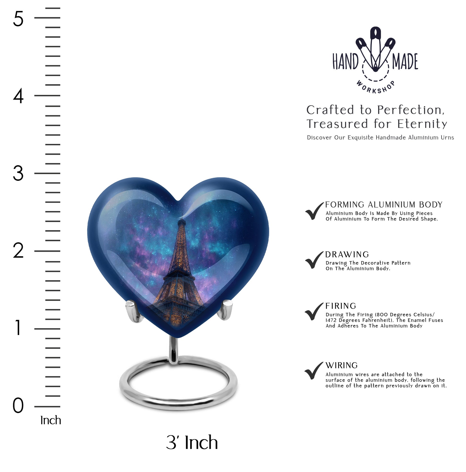 Royal Blue Eiffel Tower Cremation Urn front view showing detailed design - romantic heart urn with eiffel tower motif on aluminum - mini keepsake memorial for portion of cremation ashes