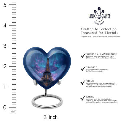 Royal Blue Eiffel Tower Cremation Urn front view showing detailed design - romantic heart urn with eiffel tower motif on aluminum - mini keepsake memorial for portion of cremation ashes