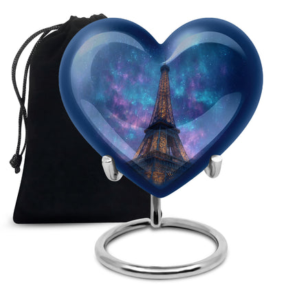 Dusty Blue Eiffel Tower Cremation Urn detail view - heart-shaped eiffel tower design symbolizing eternal love - full-size 10 inch 200 cubic inch adult cremation urn