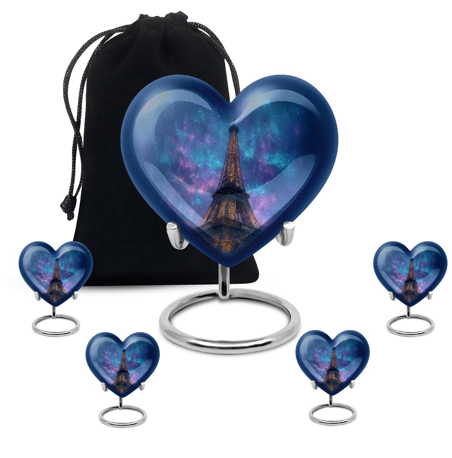 Powder Blue Eiffel Tower Cremation Urn close-up of engraving and surface detail - heart-shaped eiffel tower design symbolizing eternal love - memorial set with one large and four small urns