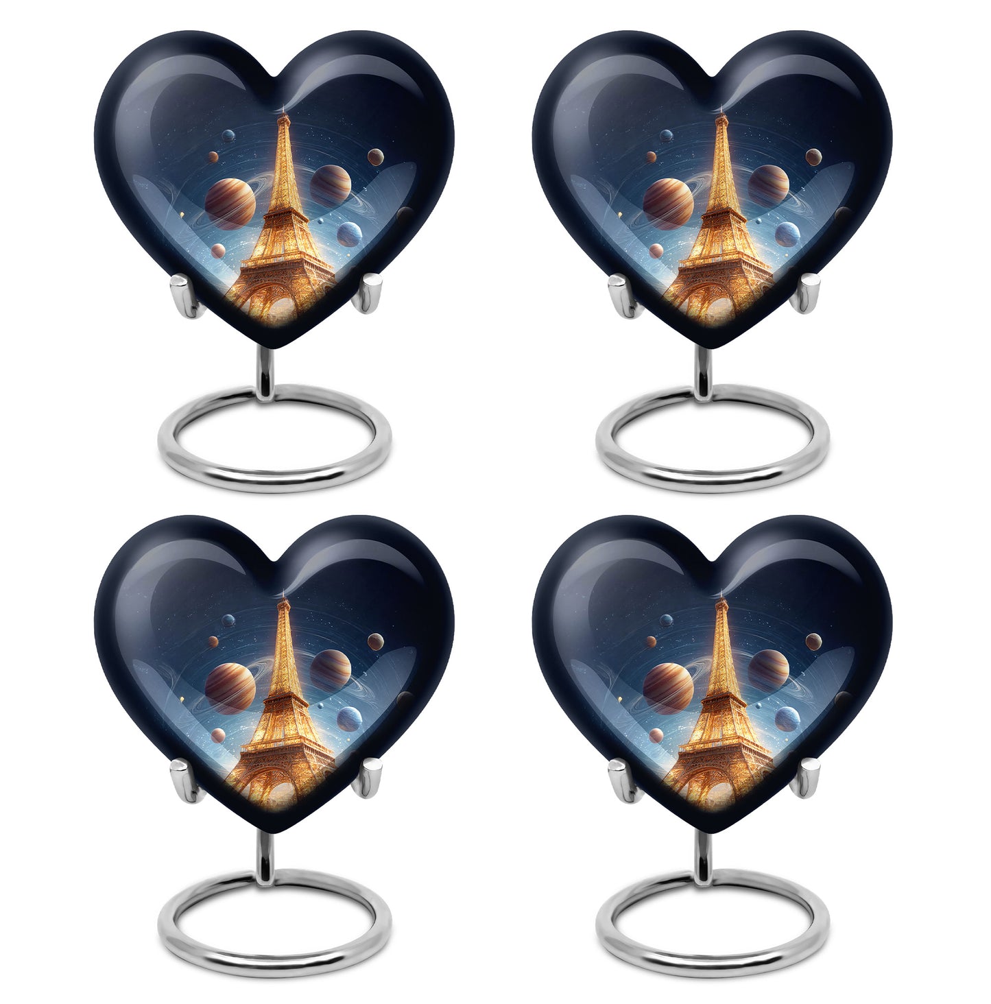 Dusty Blue Eiffel Tower Cremation Urn angled view of lid and engraved motif - heart-shaped eiffel tower design symbolizing eternal love - 10 inch aluminum urn for cremated remains