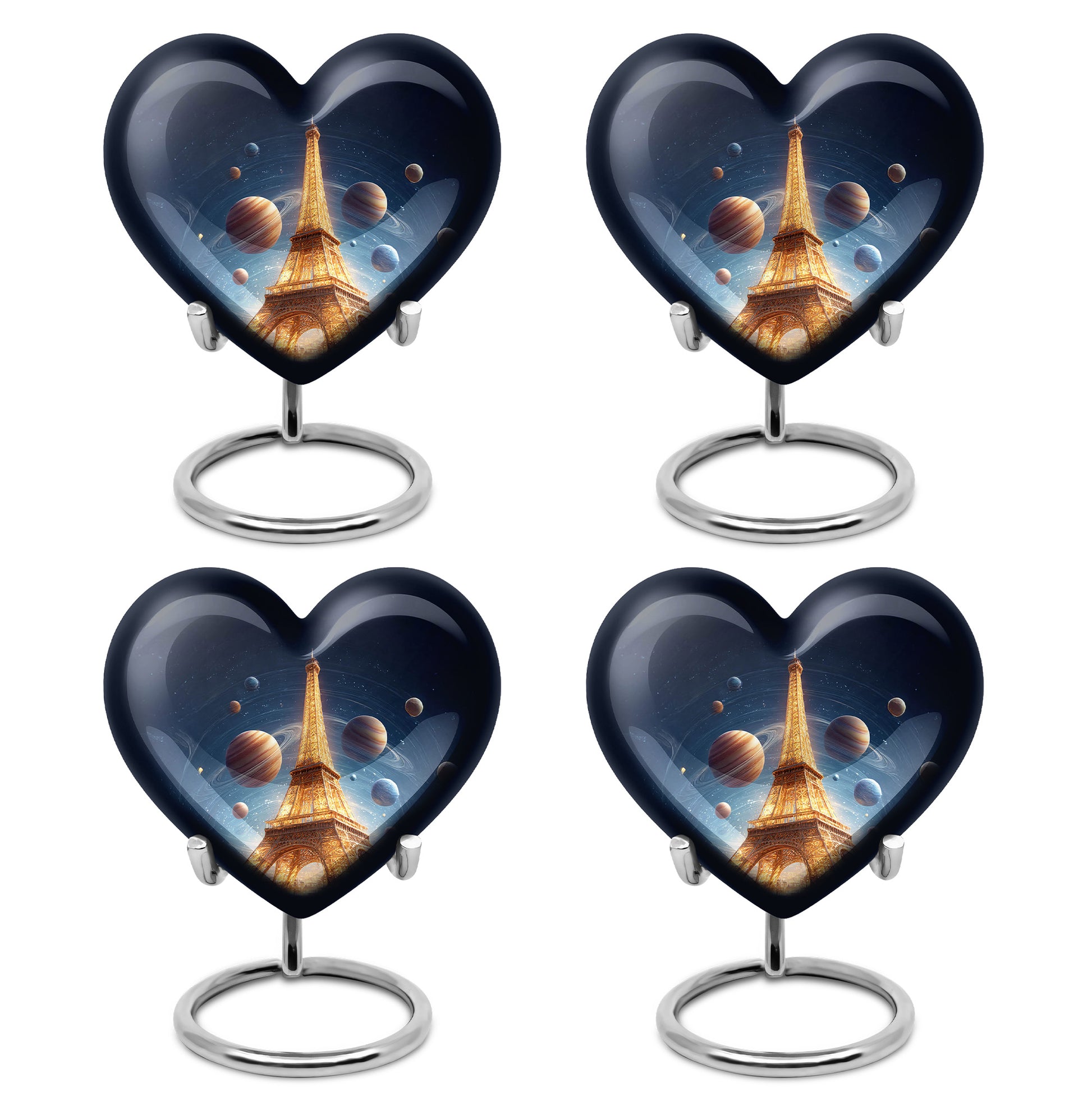 Dusty Blue Eiffel Tower Cremation Urn angled view of lid and engraved motif - heart-shaped eiffel tower design symbolizing eternal love - 10 inch aluminum urn for cremated remains