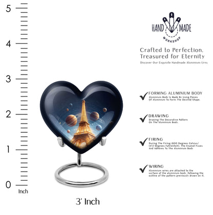 Misty Blue Eiffel Tower Cremation Urn front view showing detailed design - loving heart memorial featuring eiffel tower pattern - mini keepsake memorial for portion of cremation ashes