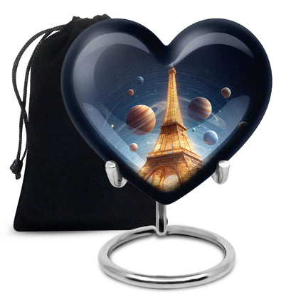 Soft Blue Eiffel Tower Cremation Urn detail view - compassionate heart-eiffel tower combination with gentle curves - full-size 10 inch 200 cubic inch adult cremation urn