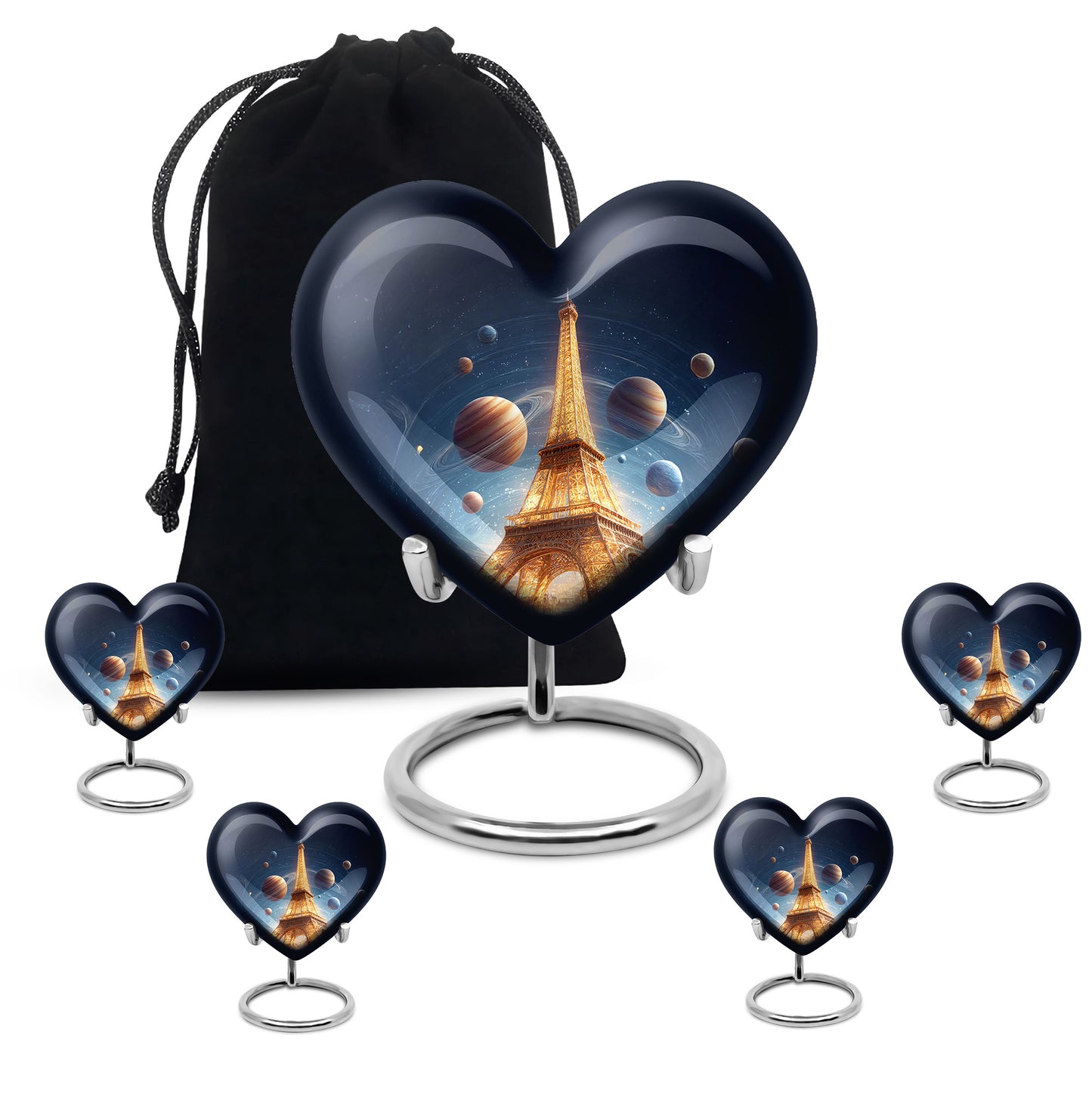 Twilight Blue Eiffel Tower Cremation Urn close-up of engraving and surface detail - romantic heart urn with eiffel tower motif on aluminum - memorial set with one large and four small urns