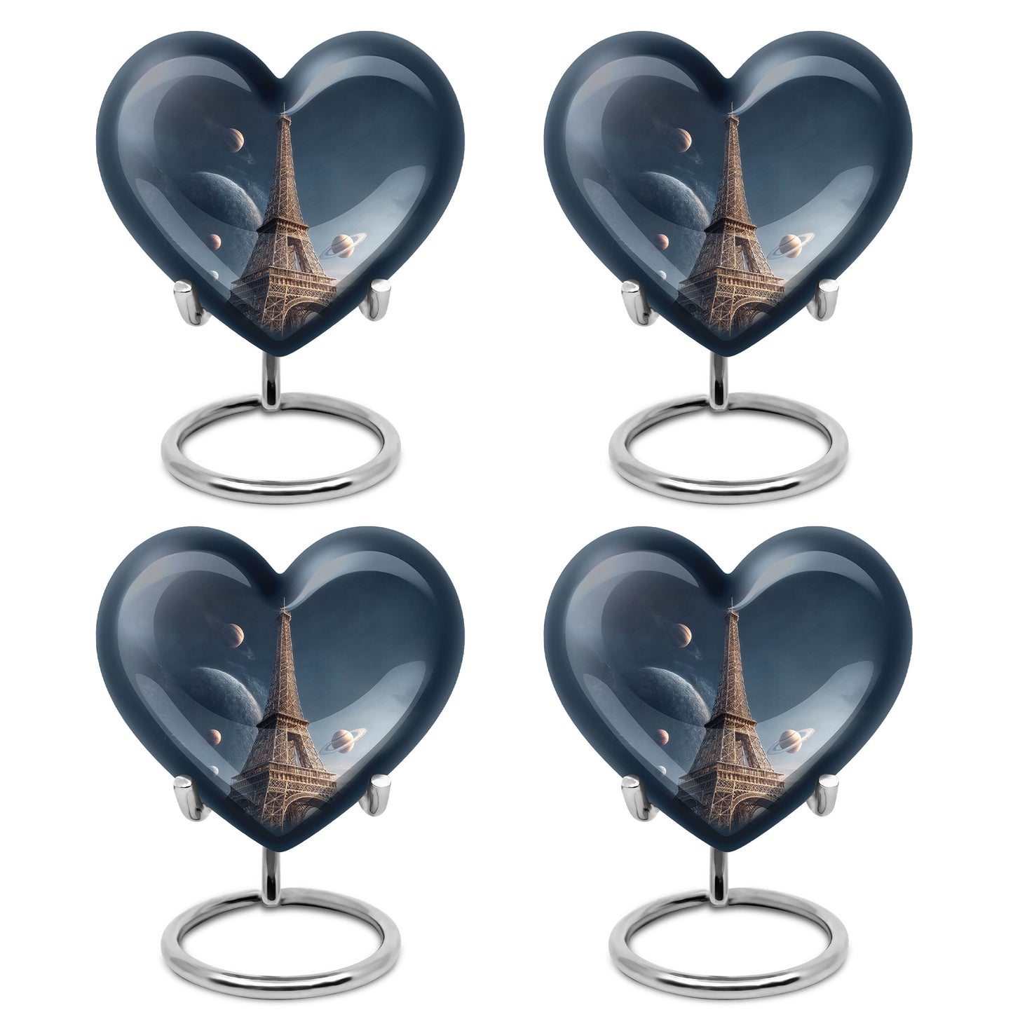 Celestial Blue Eiffel Tower Cremation Urn angled view of lid and engraved motif - heart-shaped eiffel tower design symbolizing eternal love - 10 inch aluminum urn for cremated remains