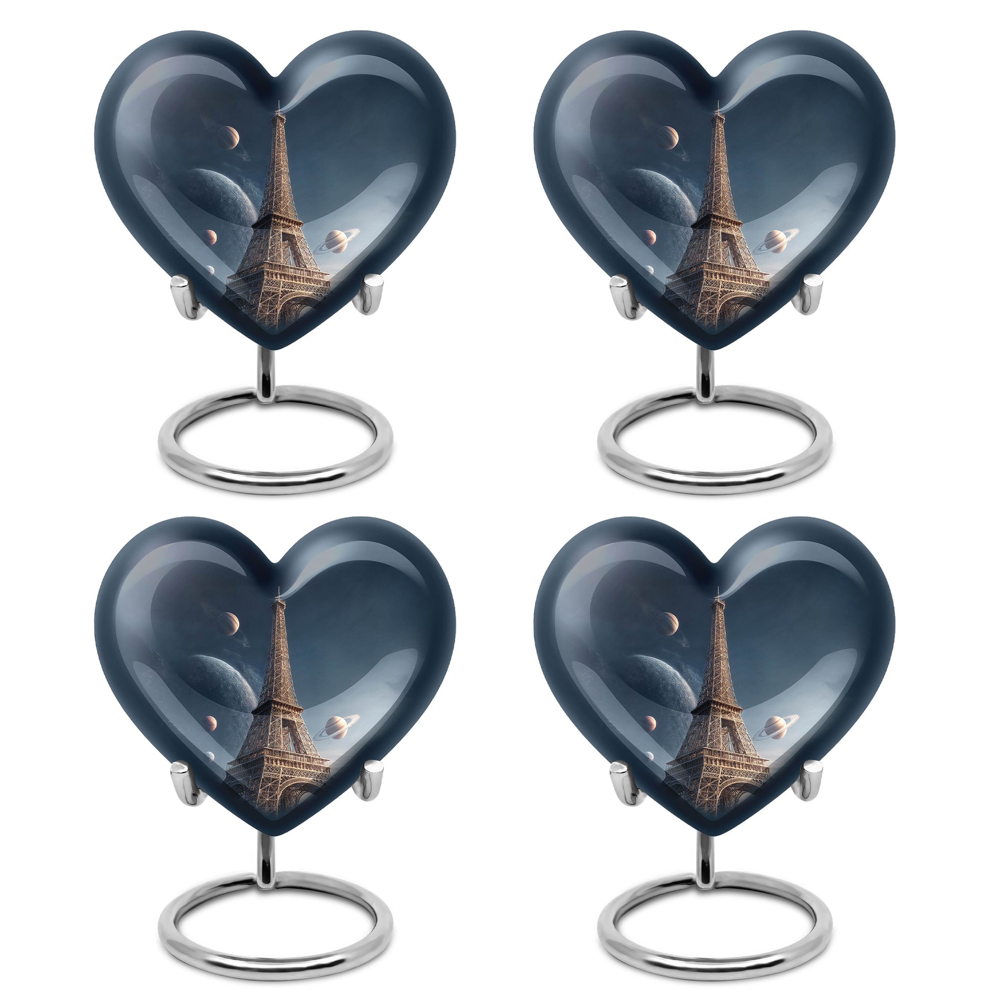 Celestial Blue Eiffel Tower Cremation Urn angled view of lid and engraved motif - heart-shaped eiffel tower design symbolizing eternal love - 10 inch aluminum urn for cremated remains