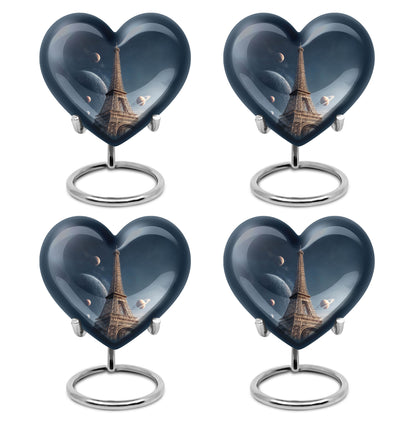 Celestial Blue Eiffel Tower Cremation Urn angled view of lid and engraved motif - heart-shaped eiffel tower design symbolizing eternal love - 10 inch aluminum urn for cremated remains