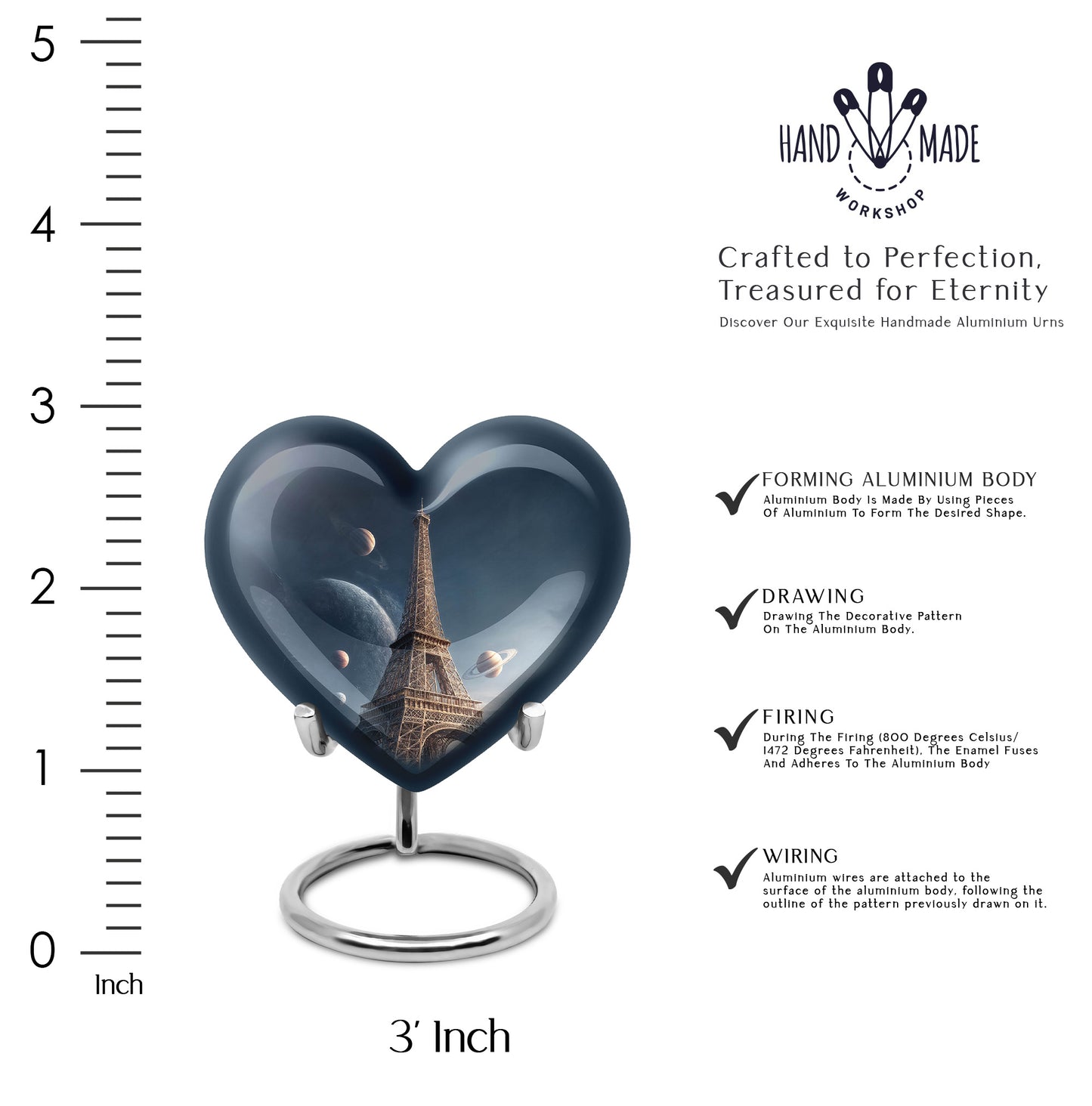 Icy Blue Eiffel Tower Cremation Urn front view showing detailed design - loving heart memorial featuring eiffel tower pattern - mini keepsake memorial for portion of cremation ashes