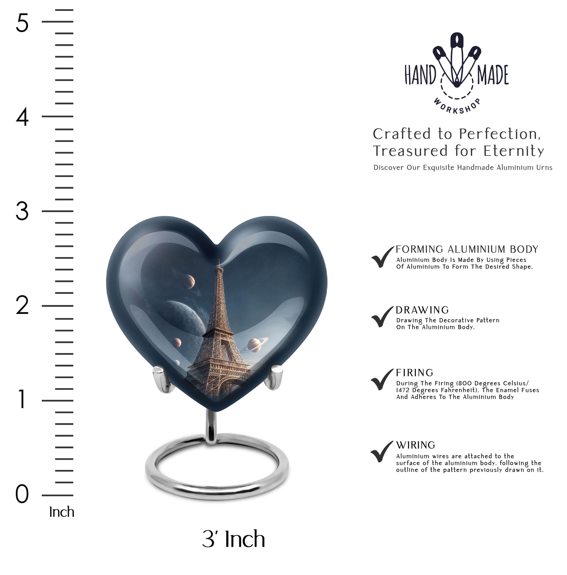 Icy Blue Eiffel Tower Cremation Urn front view showing detailed design - loving heart memorial featuring eiffel tower pattern - mini keepsake memorial for portion of cremation ashes