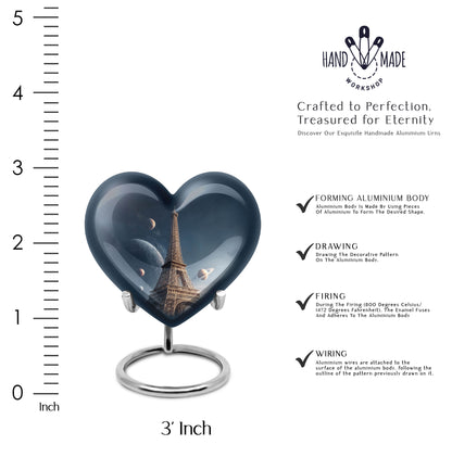 Icy Blue Eiffel Tower Cremation Urn front view showing detailed design - loving heart memorial featuring eiffel tower pattern - mini keepsake memorial for portion of cremation ashes