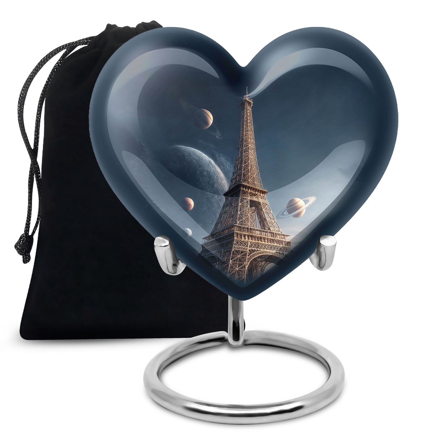 Azure Eiffel Tower Cremation Urn detail view - heart-shaped eiffel tower design symbolizing eternal love - full-size 10 inch 200 cubic inch adult cremation urn
