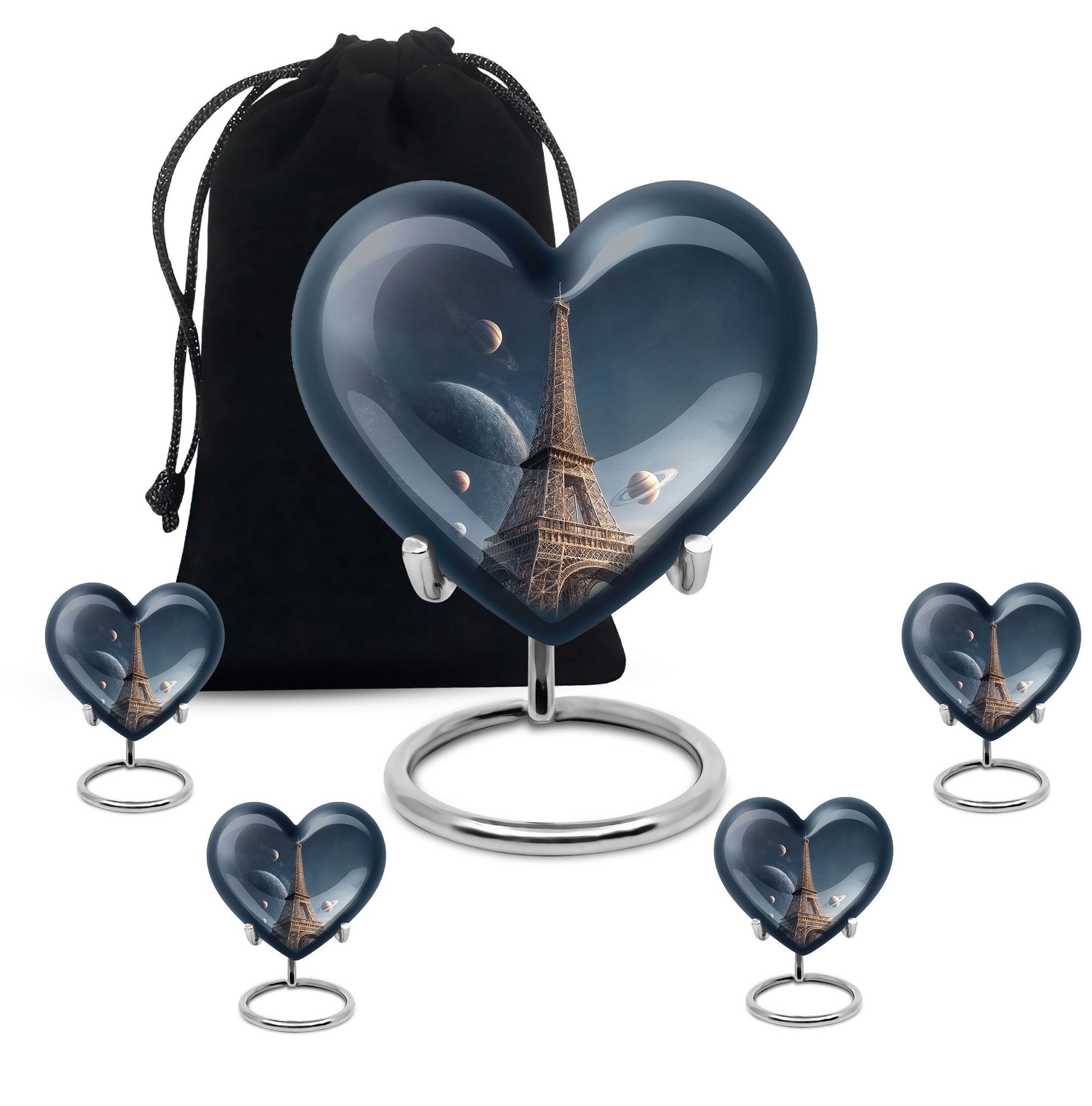 Indigo Eiffel Tower Cremation Urn close-up of engraving and surface detail - loving heart memorial featuring eiffel tower pattern - memorial set with one large and four small urns