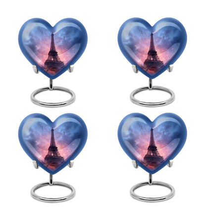 Vivid Blue Eiffel Tower Cremation Urn angled view of lid and engraved motif - compassionate heart-eiffel tower combination with gentle curves - 10 inch aluminum urn for cremated remains