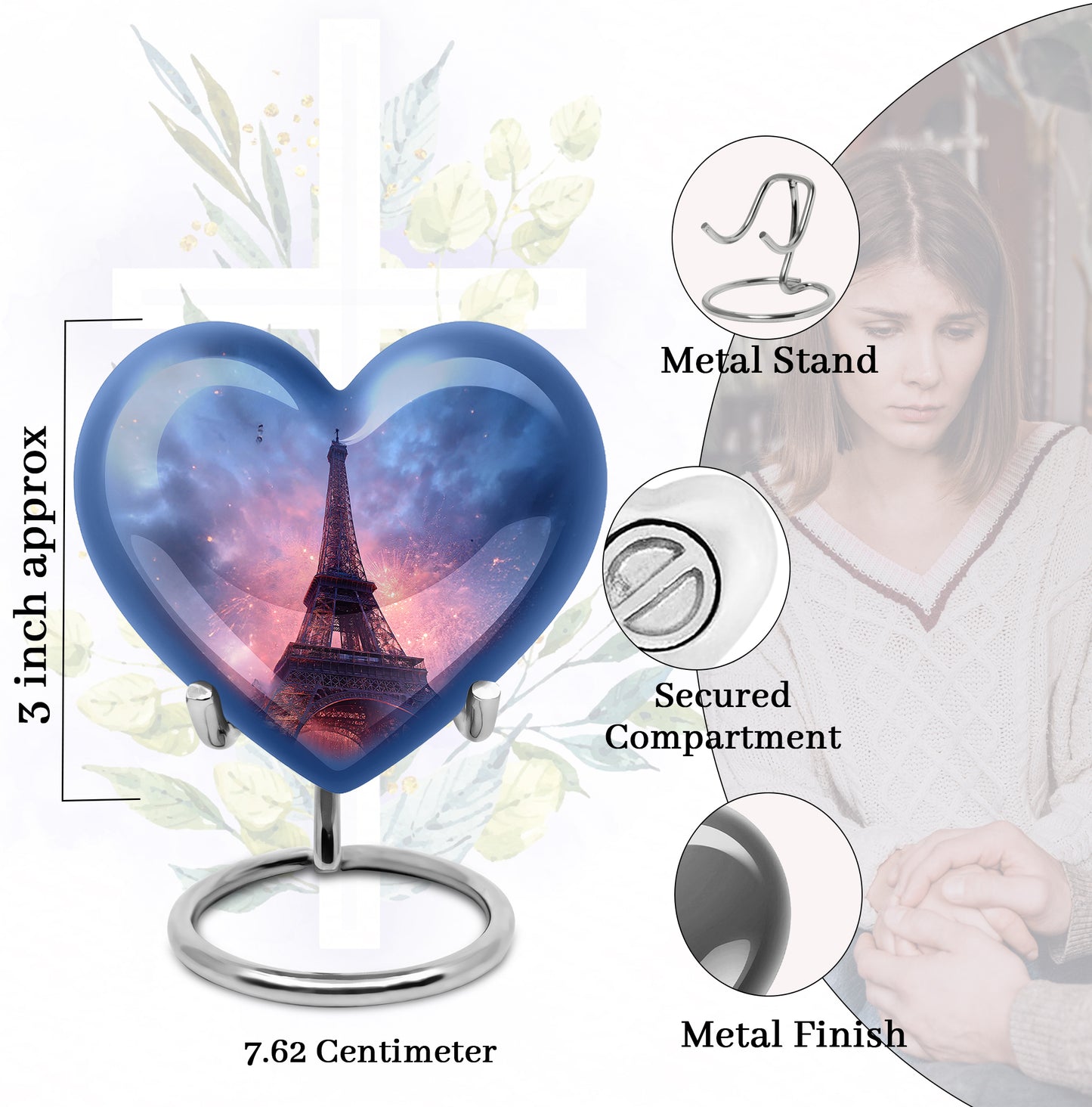 Icy Blue Eiffel Tower Cremation Urn front view showing detailed design - heart-shaped eiffel tower design symbolizing eternal love - mini keepsake memorial for portion of cremation ashes