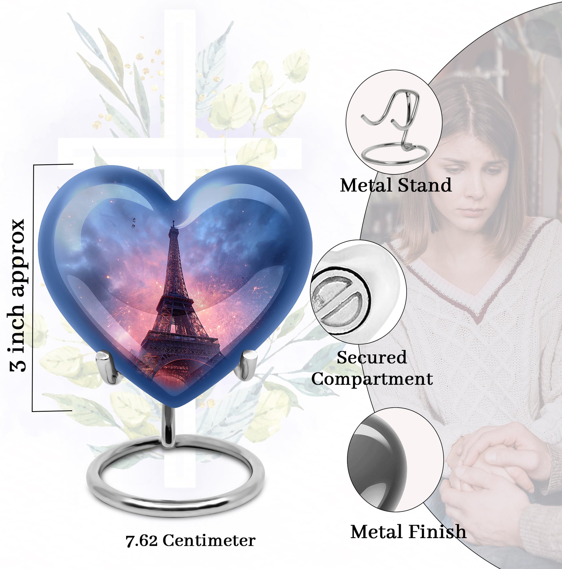 Icy Blue Eiffel Tower Cremation Urn front view showing detailed design - heart-shaped eiffel tower design symbolizing eternal love - mini keepsake memorial for portion of cremation ashes