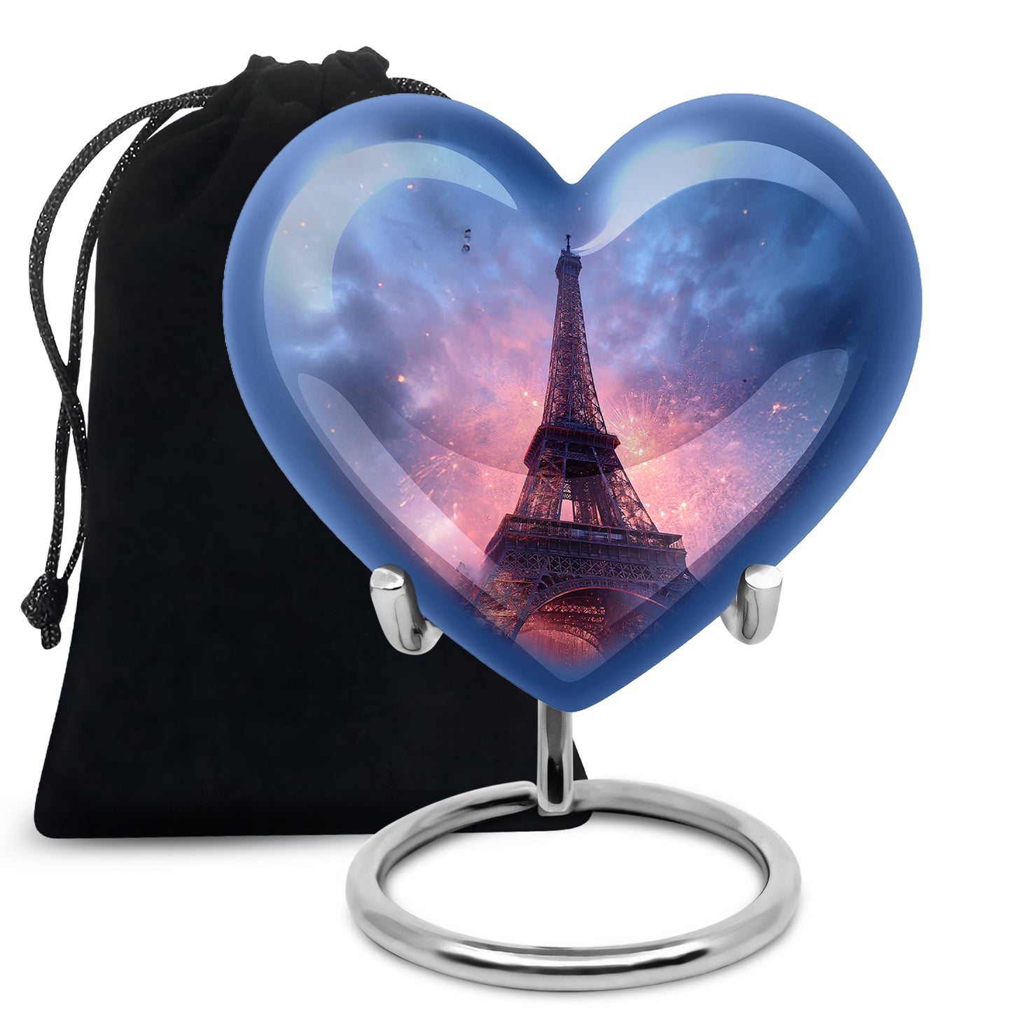Azure Eiffel Tower Cremation Urn detail view - heart-shaped eiffel tower design symbolizing eternal love - full-size 10 inch 200 cubic inch adult cremation urn