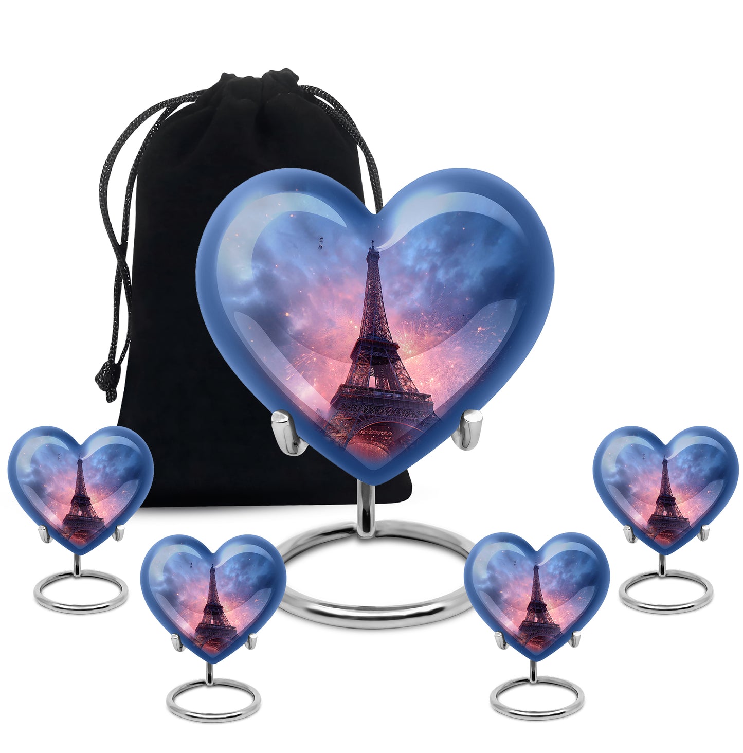 Celestial Blue Eiffel Tower Cremation Urn close-up of engraving and surface detail - heart-shaped eiffel tower design symbolizing eternal love - memorial set with one large and four small urns