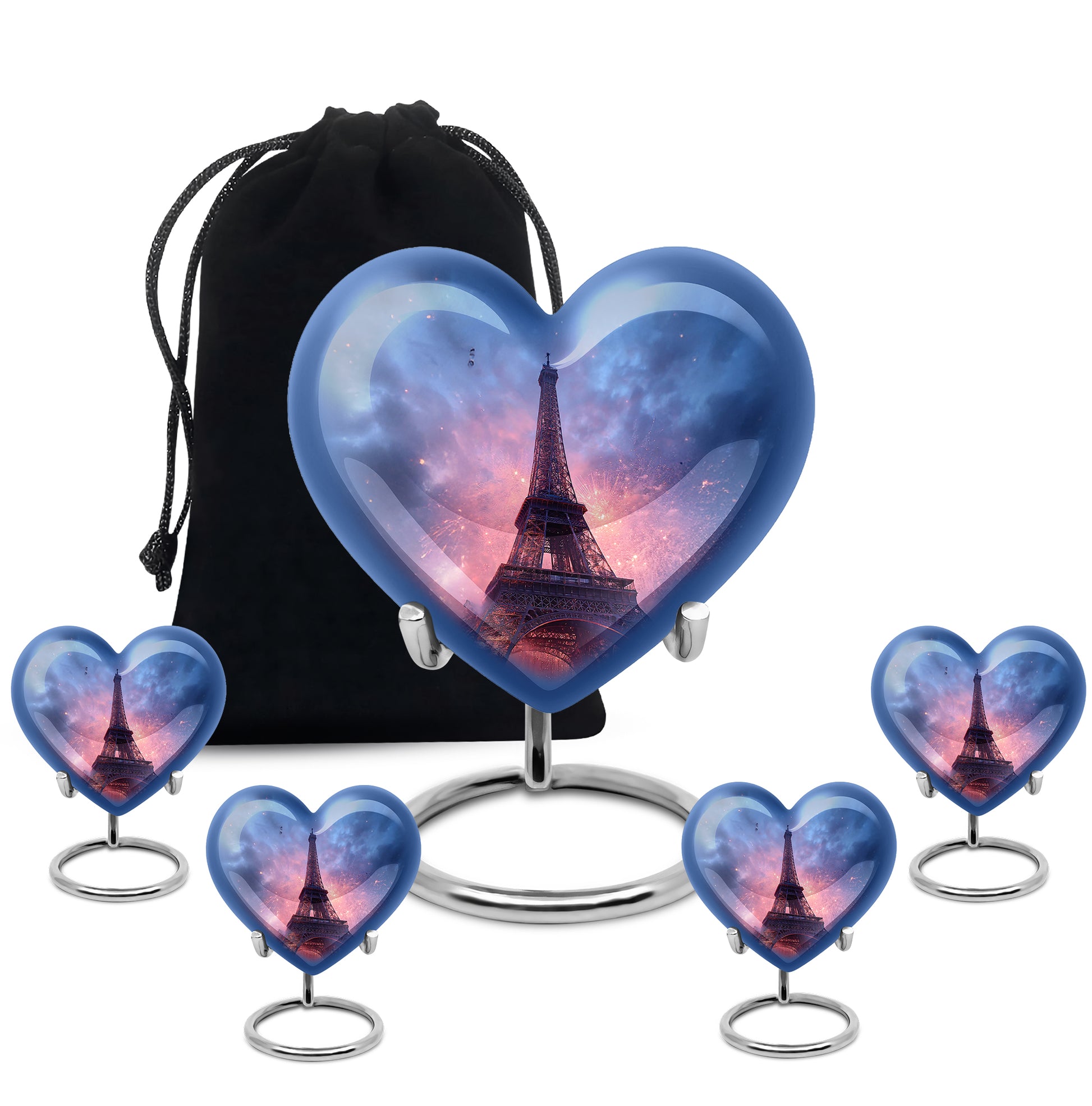Celestial Blue Eiffel Tower Cremation Urn close-up of engraving and surface detail - heart-shaped eiffel tower design symbolizing eternal love - memorial set with one large and four small urns