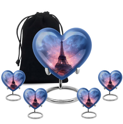 Celestial Blue Eiffel Tower Cremation Urn close-up of engraving and surface detail - heart-shaped eiffel tower design symbolizing eternal love - memorial set with one large and four small urns