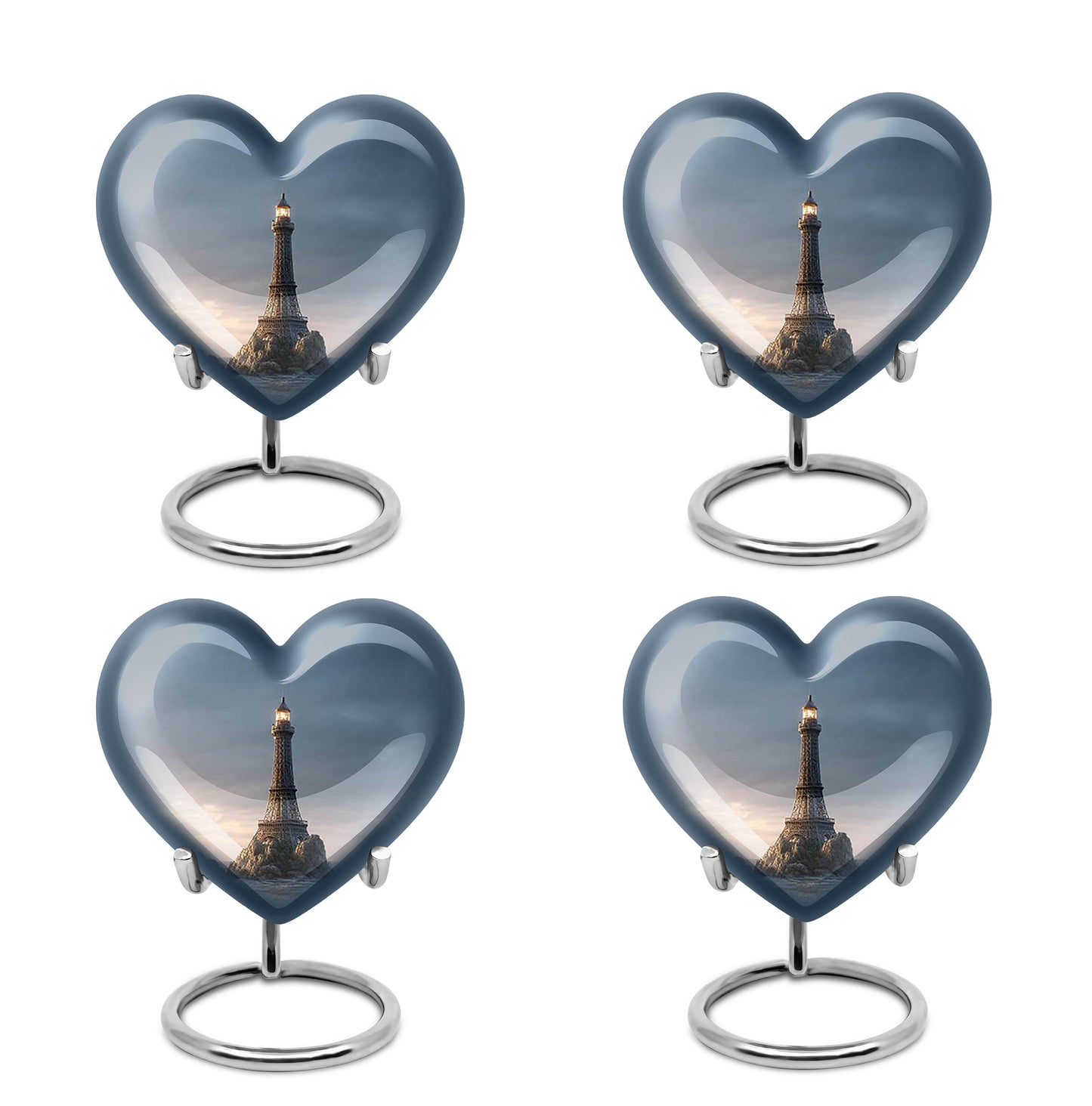 Pastel Blue Eiffel Tower Cremation Urn angled view of lid and engraved motif - heart-shaped eiffel tower design symbolizing eternal love - 10 inch aluminum urn for cremated remains