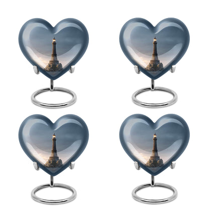 Pastel Blue Eiffel Tower Cremation Urn angled view of lid and engraved motif - heart-shaped eiffel tower design symbolizing eternal love - 10 inch aluminum urn for cremated remains