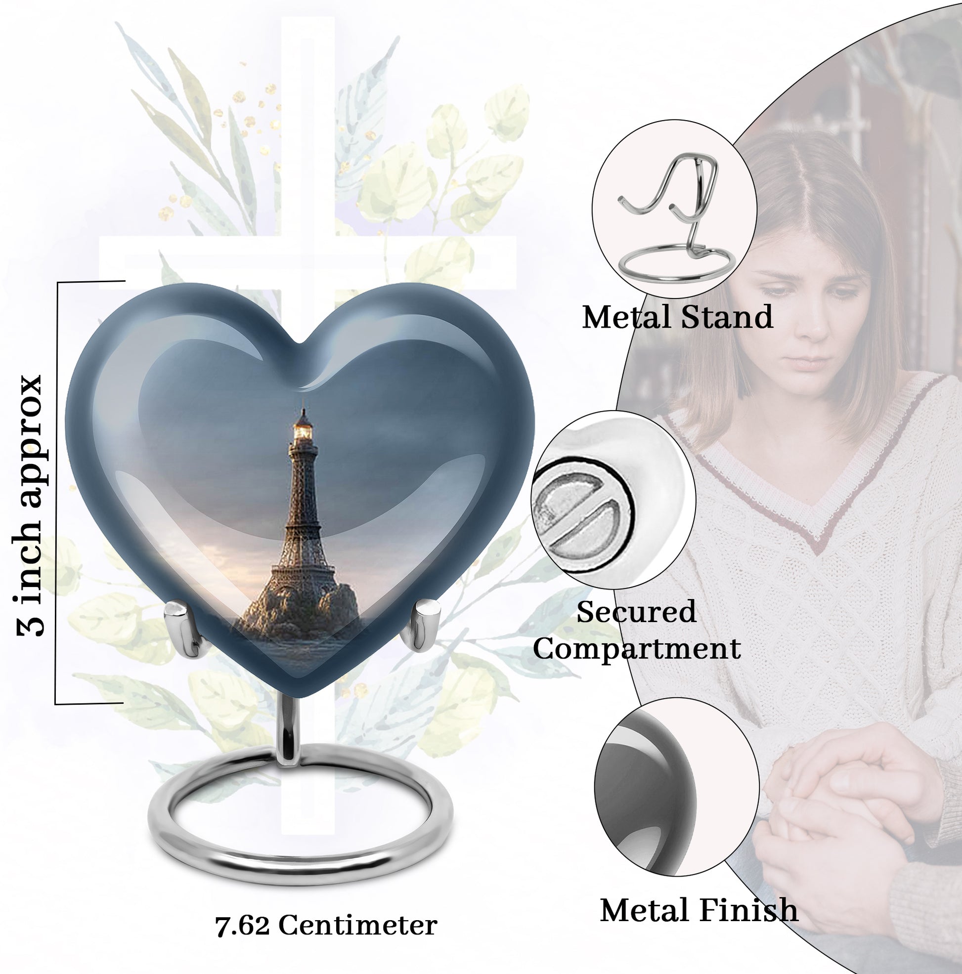 Celestial Blue Eiffel Tower Cremation Urn front view showing detailed design - loving heart memorial featuring eiffel tower pattern - mini keepsake memorial for portion of cremation ashes