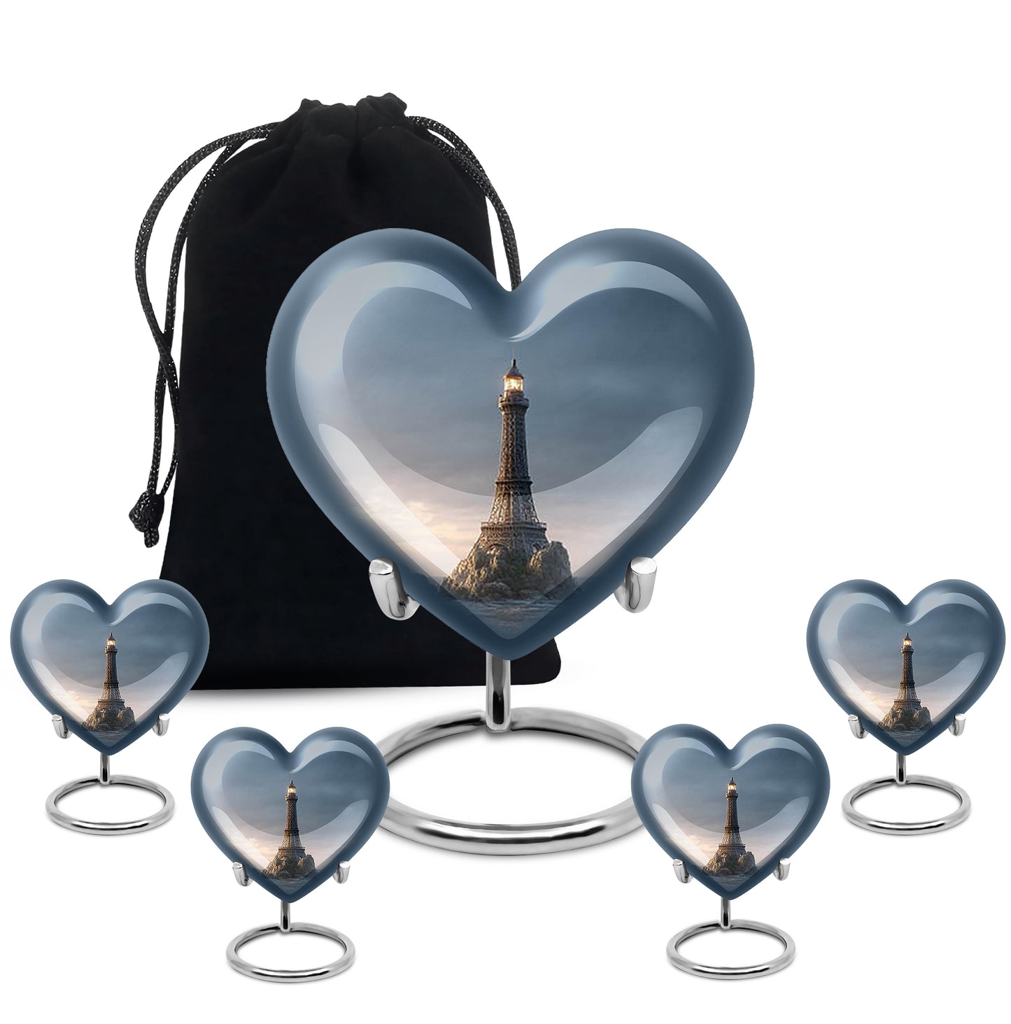 Icy Blue Eiffel Tower Cremation Urn close-up of engraving and surface detail - loving heart memorial featuring eiffel tower pattern - memorial set with one large and four small urns