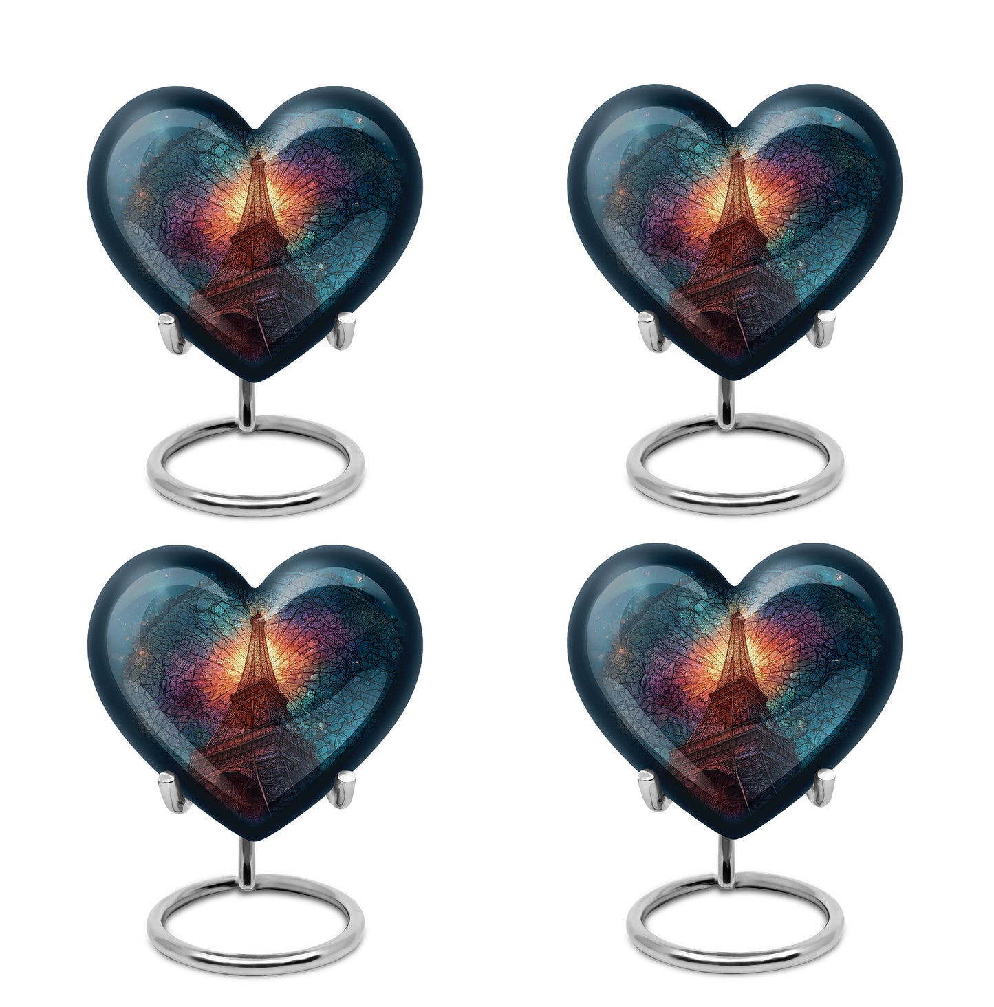Powder Blue Eiffel Tower Cremation Urn angled view of lid and engraved motif - heart-shaped eiffel tower design symbolizing eternal love - 10 inch aluminum urn for cremated remains