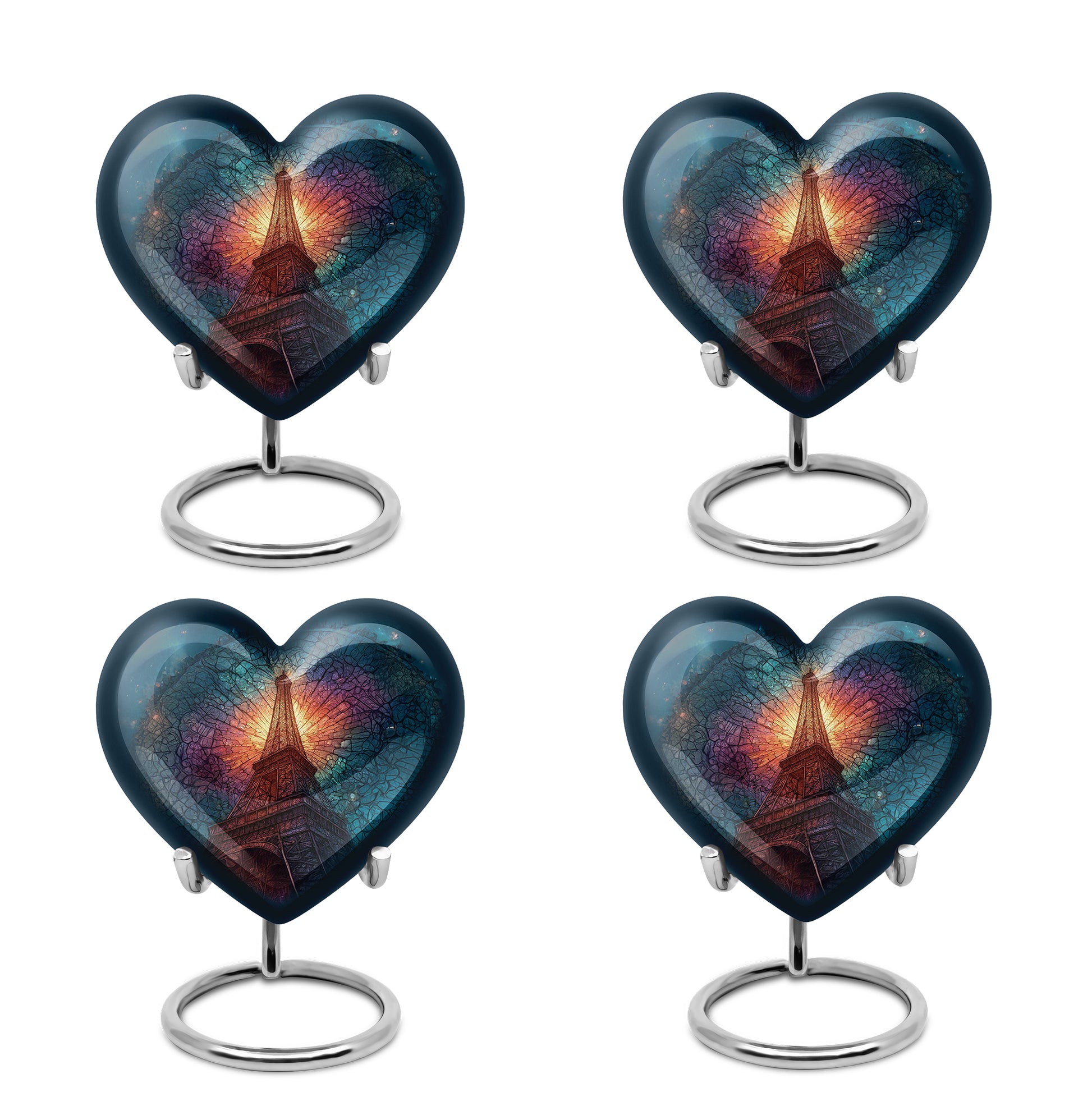 Powder Blue Eiffel Tower Cremation Urn angled view of lid and engraved motif - heart-shaped eiffel tower design symbolizing eternal love - 10 inch aluminum urn for cremated remains