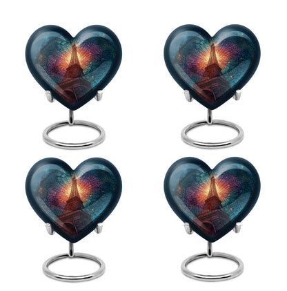 Powder Blue Eiffel Tower Cremation Urn angled view of lid and engraved motif - heart-shaped eiffel tower design symbolizing eternal love - 10 inch aluminum urn for cremated remains