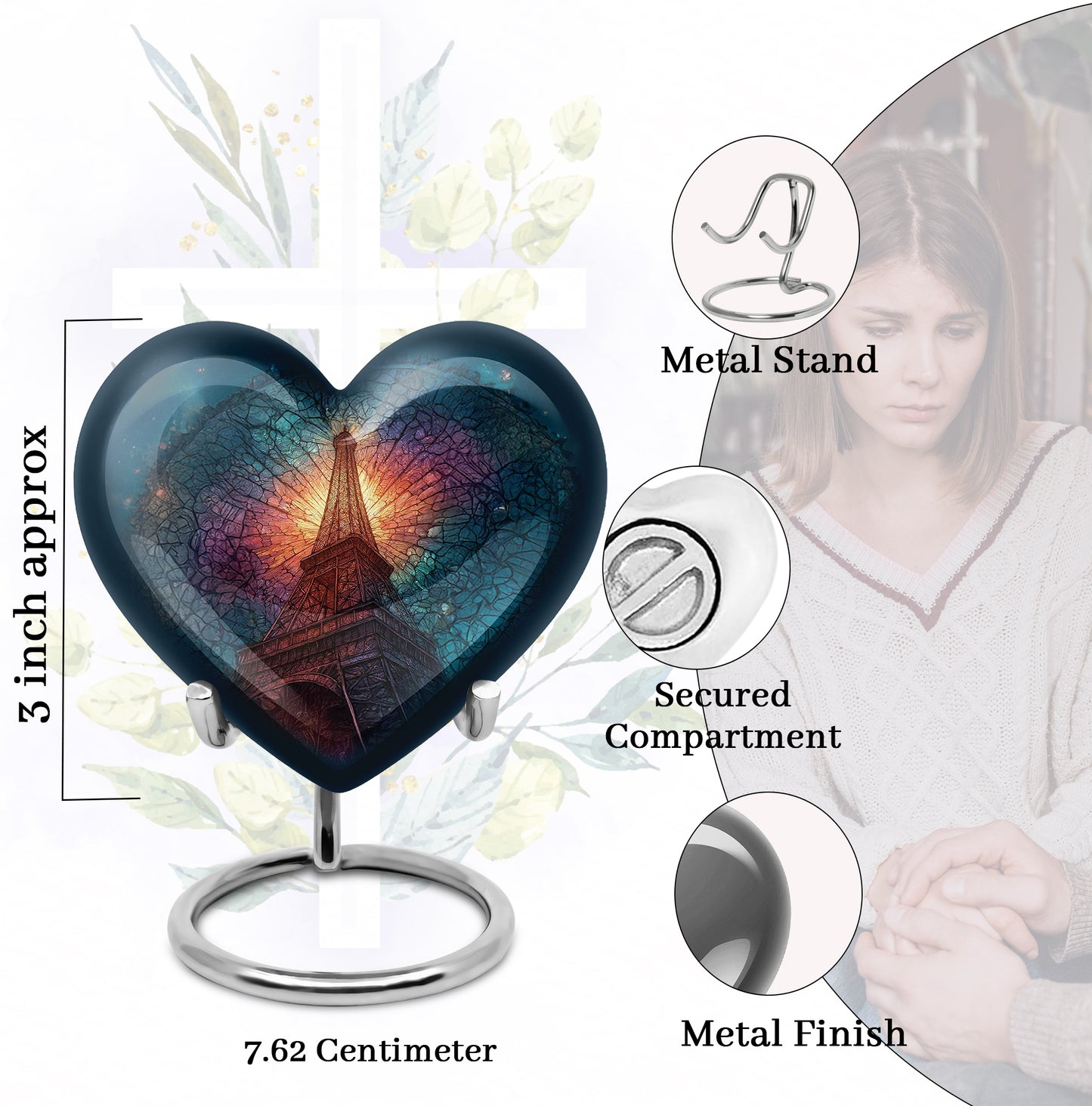 Royal Blue Eiffel Tower Cremation Urn front view showing detailed design - romantic heart urn with eiffel tower motif on aluminum - mini keepsake memorial for portion of cremation ashes