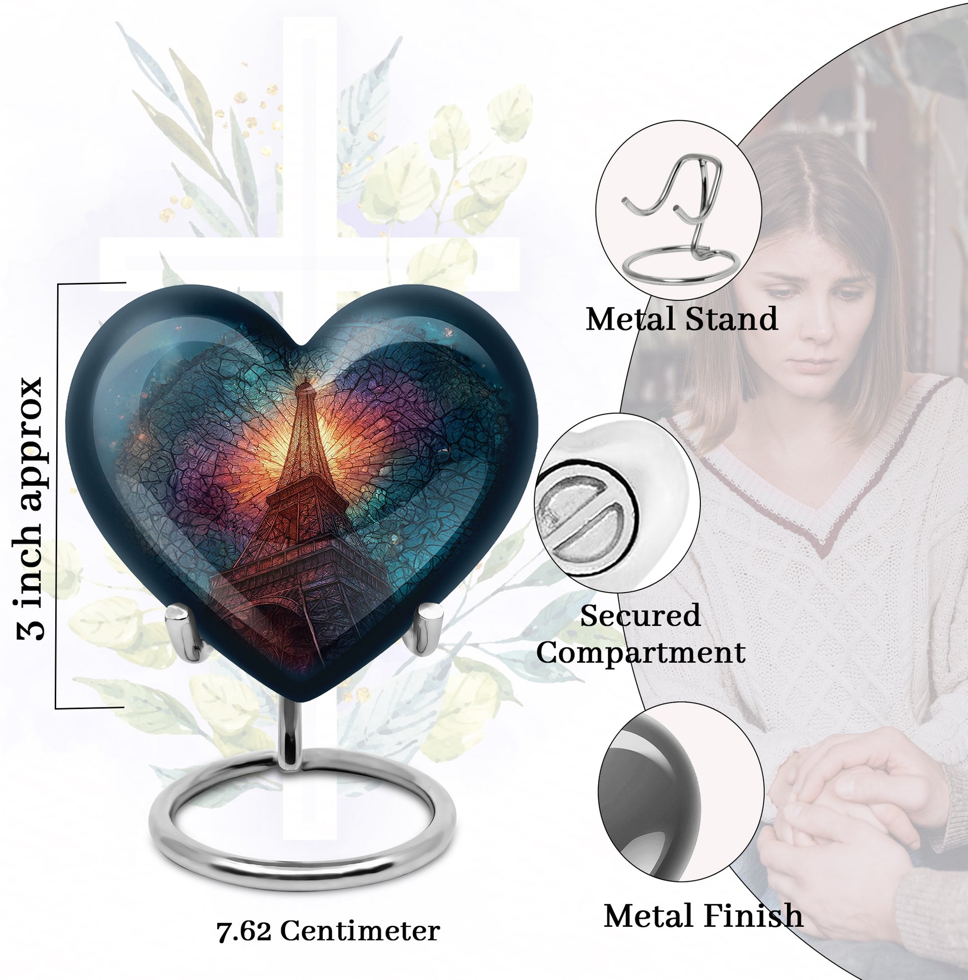 Royal Blue Eiffel Tower Cremation Urn front view showing detailed design - romantic heart urn with eiffel tower motif on aluminum - mini keepsake memorial for portion of cremation ashes