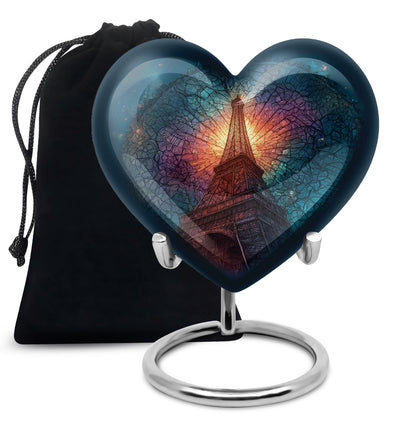 Steel Blue Eiffel Tower Cremation Urn detail view - romantic heart urn with eiffel tower motif on aluminum - full-size 10 inch 200 cubic inch adult cremation urn