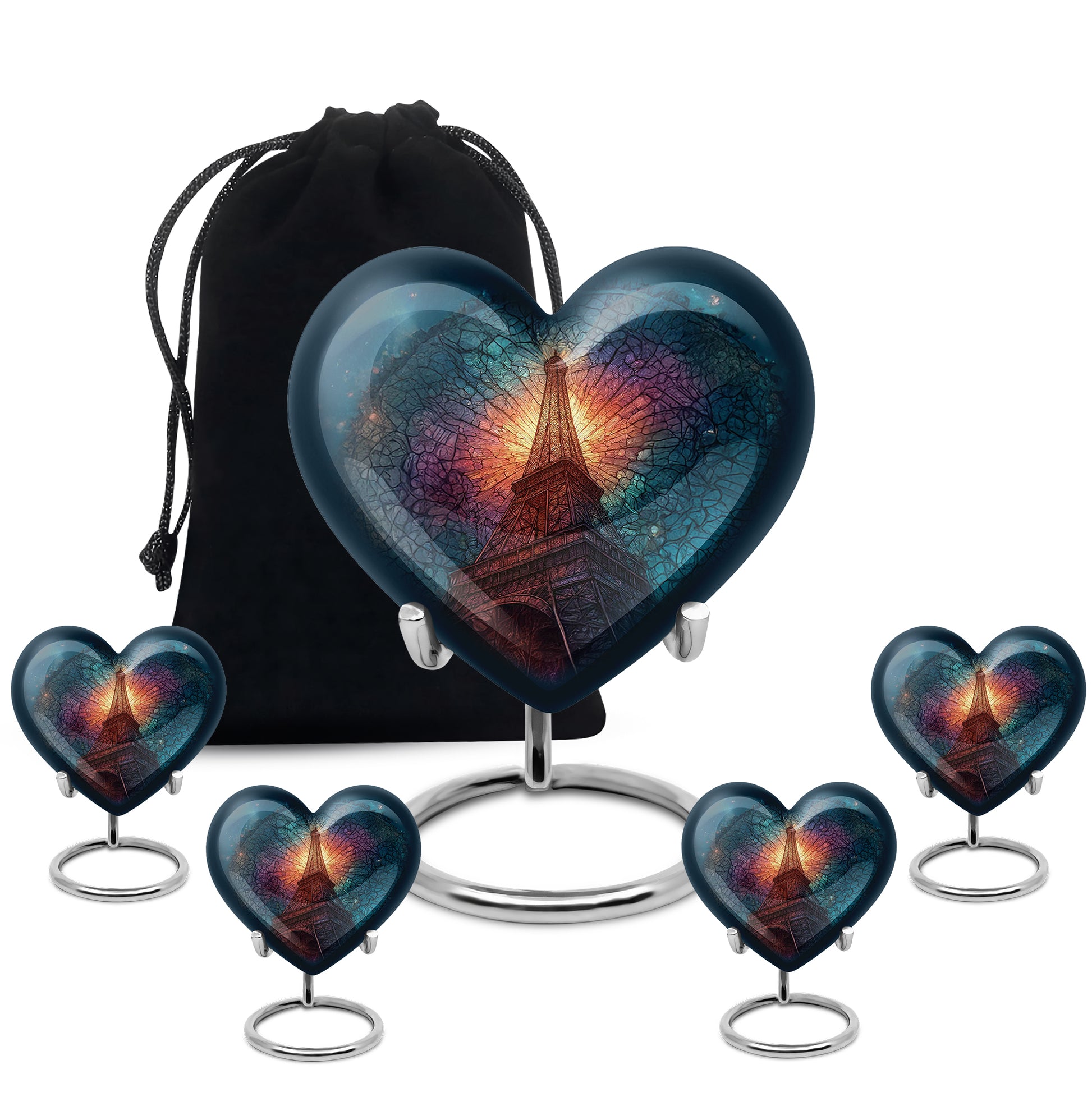 Pastel Blue Eiffel Tower Cremation Urn close-up of engraving and surface detail - heart-shaped eiffel tower design symbolizing eternal love - memorial set with one large and four small urns