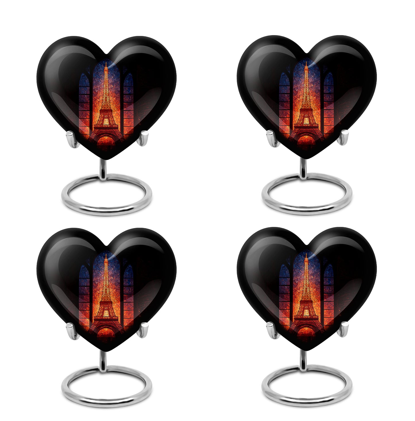 Jet Black Eiffel Tower Cremation Urn angled view of lid and engraved motif - loving heart memorial featuring eiffel tower pattern - 10 inch aluminum urn for cremated remains