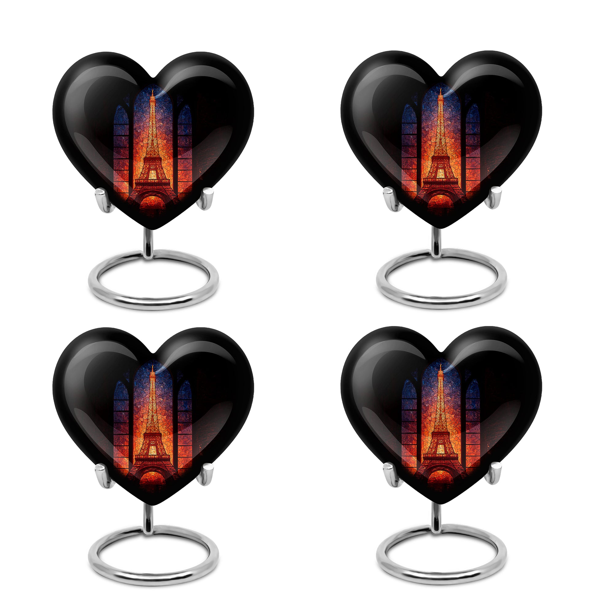 Jet Black Eiffel Tower Cremation Urn angled view of lid and engraved motif - loving heart memorial featuring eiffel tower pattern - 10 inch aluminum urn for cremated remains