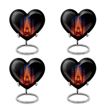 Jet Black Eiffel Tower Cremation Urn angled view of lid and engraved motif - loving heart memorial featuring eiffel tower pattern - 10 inch aluminum urn for cremated remains