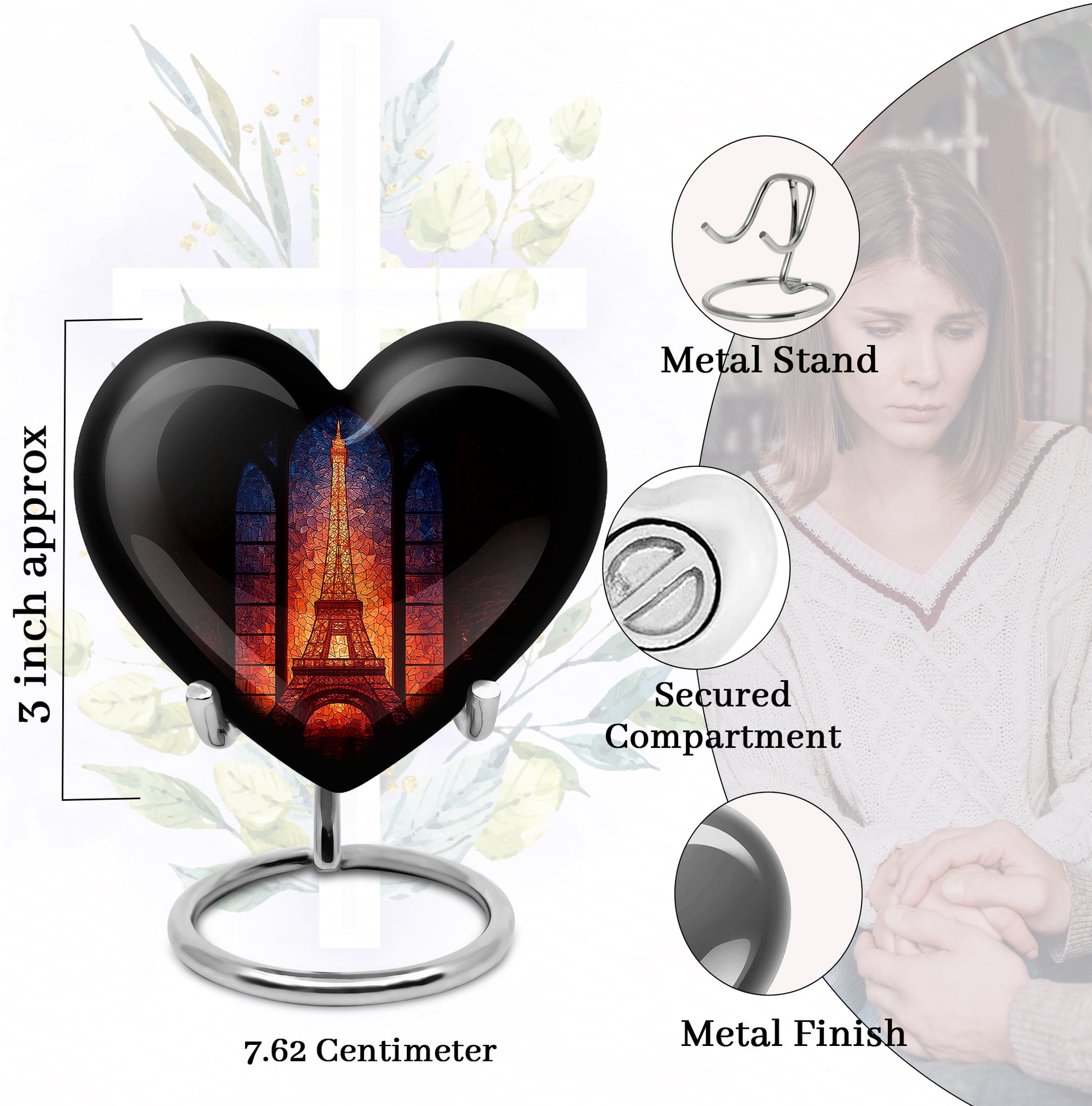 Onyx Black Eiffel Tower Cremation Urn front view showing detailed design - romantic heart urn with eiffel tower motif on aluminum - mini keepsake memorial for portion of cremation ashes