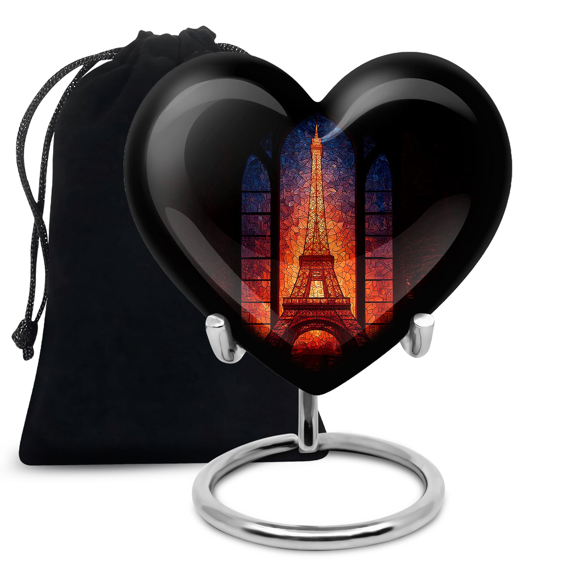 Glossy Black Eiffel Tower Cremation Urn detail view - loving heart memorial featuring eiffel tower pattern - full-size 10 inch 200 cubic inch adult cremation urn